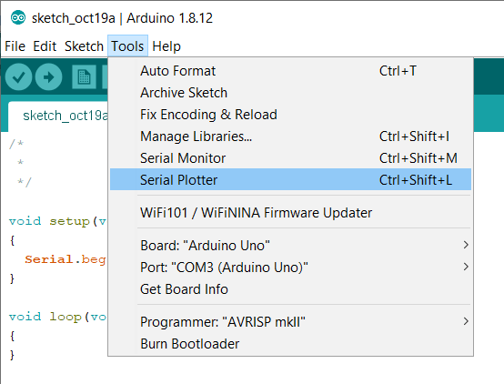 arduino ide serial plotter menu entry