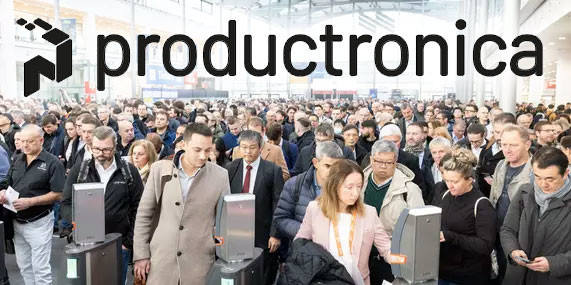 Productronica logo superimposed over thousands of people arriving at Messe München.