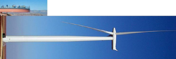 Crazy architecture, routine in wind turbine design: building huge lever arms. Pictures roughly true to scale; unsupported lever: Skywalk Grand Canyon 70 ft/21 m, wind turbine max: 720 ft/220 m (total height), 475 ft/145 m (tower), 260 ft/80 m (blade length)