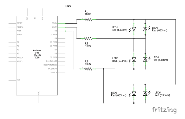 Charlieplexing 6 LEDs Schematic