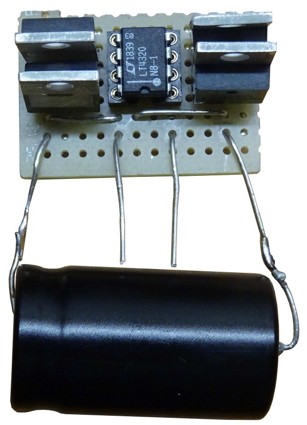 Prototype rectifier circuit on perfboard.