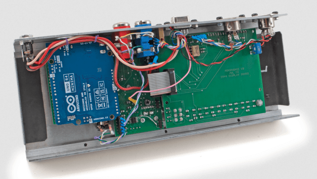 Figure 2: Boards arrangement (Main, Display and Arduino) inside the housing of the MiniPhonic synth.