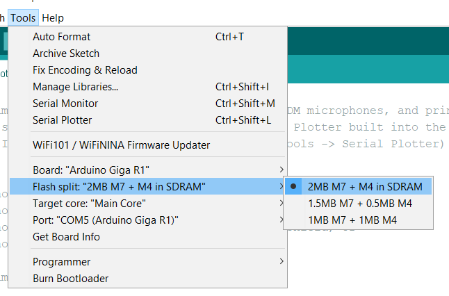 arduino ide tools menu flash memory split