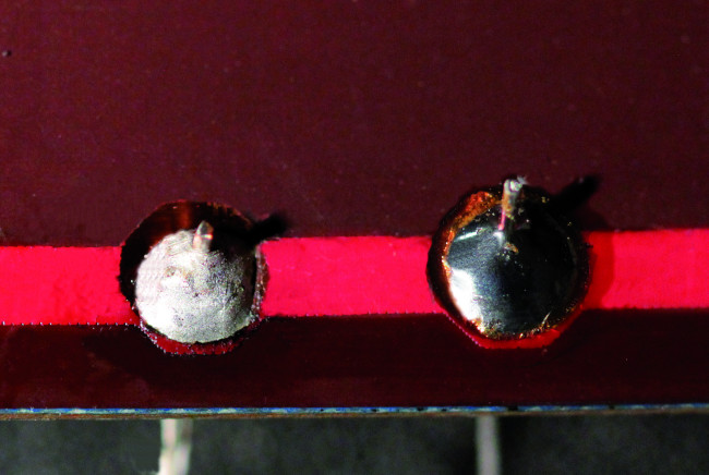  A lead-free solder joint (left) and a conventional lead solder joint (right).