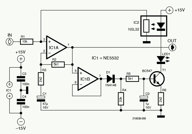 Vactrol IC2 is the magic part in this circuit that allows the dynamic compression of an audio signal.
