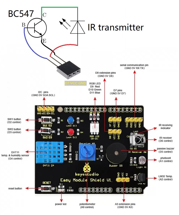 The shield and how I connected my IR driver/transmitter module to it