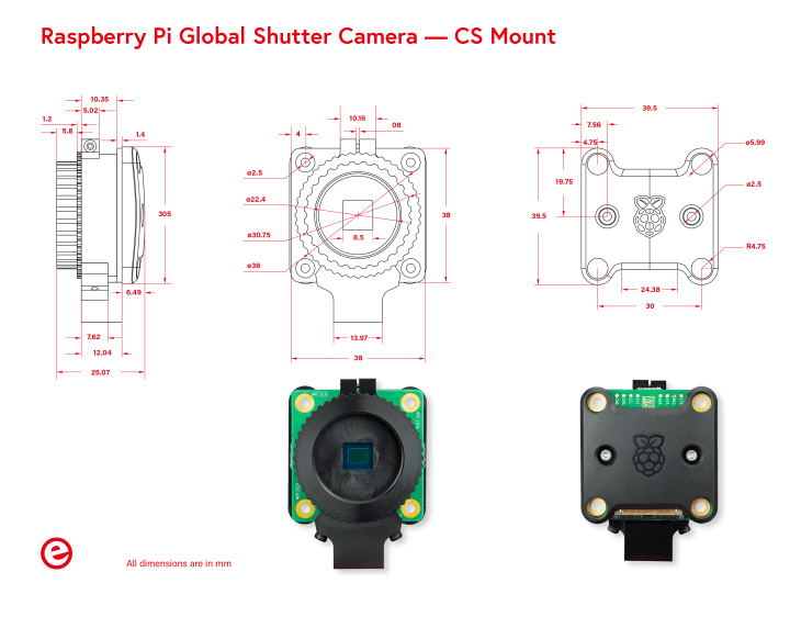 Raspberry Pi Global Shutter Camera, CS Mount, mechanical dimensions
