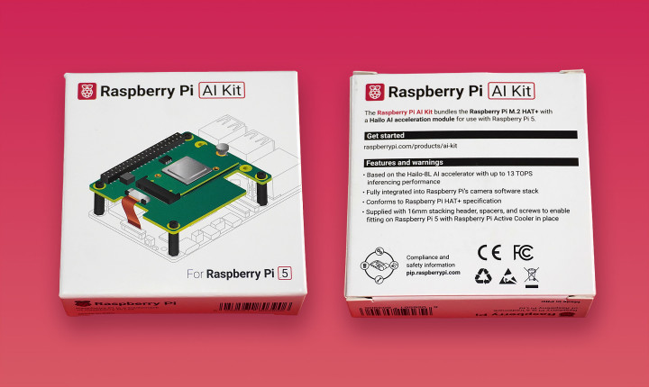 Front and back of Raspberry Pi AI Kit box