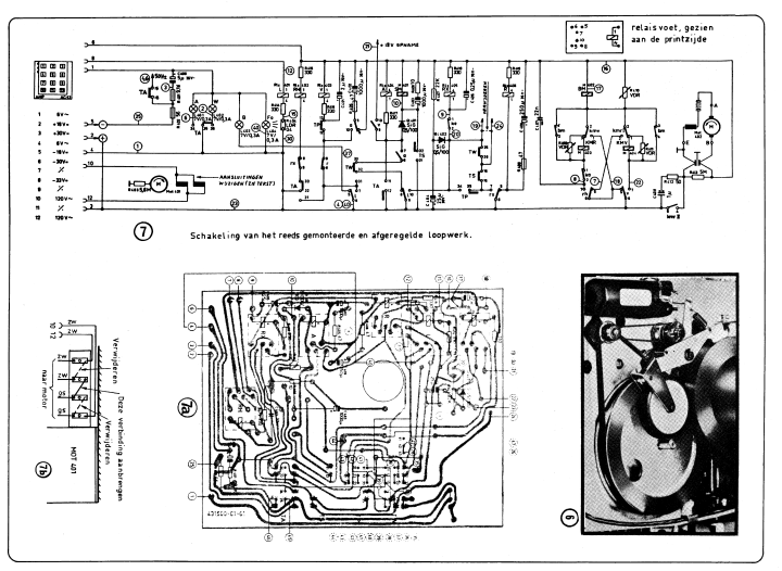 Technical schematic and PCB layout for the Stereo 6000 Music Center drive mechanism, featuring relay logic diagrams and internal mechanical belt drive assembly for the 81-track analog audio system.
