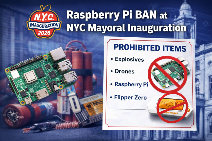Raspberry Pi and Flipper Zero among the list of things banned, in front of a depiction of fireworks and City Hall