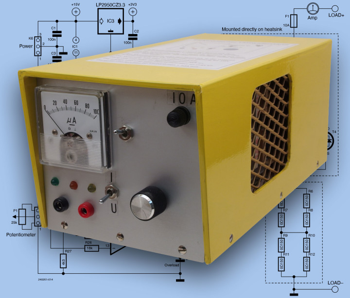 Electronic Load Resistor project superimposed over its schematic diagram