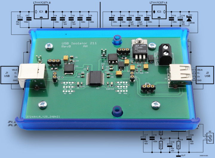 USB 2.0 Isolator project superimposed over its schematic diagram