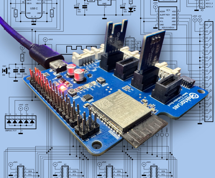 ESP32-S3 Sensor Evaluation Board project superimposed over its schematic diagram