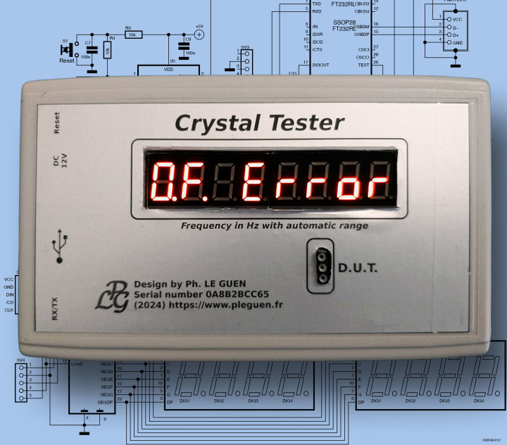 Stand-Alone Crystal Tester project superimposed over its  schematic diagram