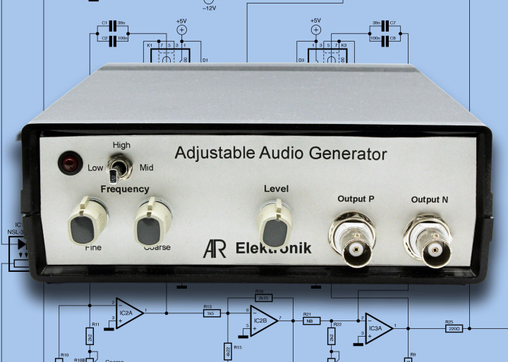 Adjustable Audio Generator project superimposed over its schematic diagram.