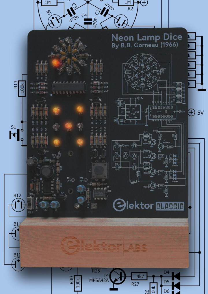 Neon Lamp Dice special reboot project mounted on its display.