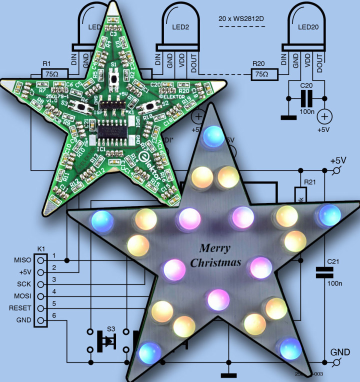 Christmas Star 2025 project PCB as well as lights on demo, superimposed over the project's schematic diagram.