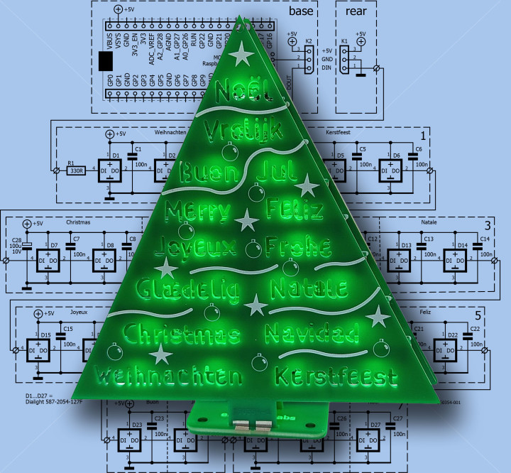 Wordy Christmas Tree project superimposed over its schematic diagram.