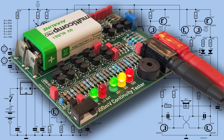 100 mv Continuity Tester project superimposed over its schematic diagram.
