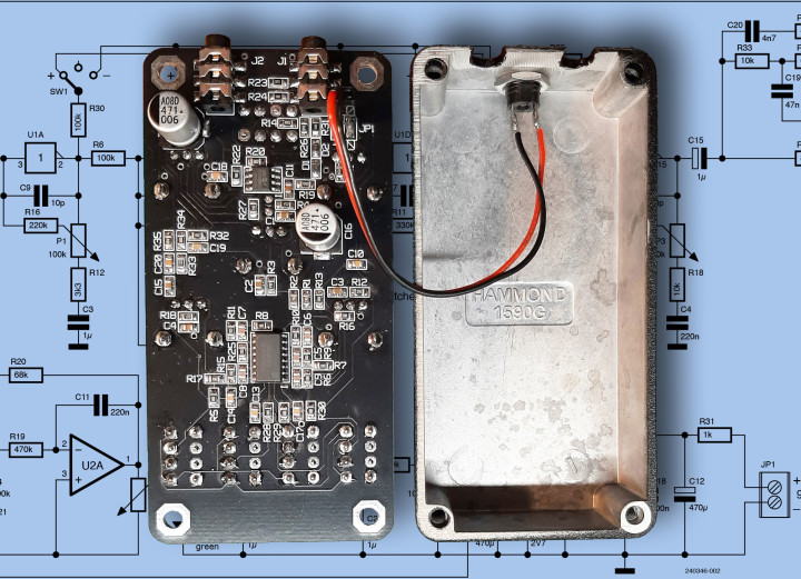 Analog Pipeline Distortion project superimposed over its schematic diagram.