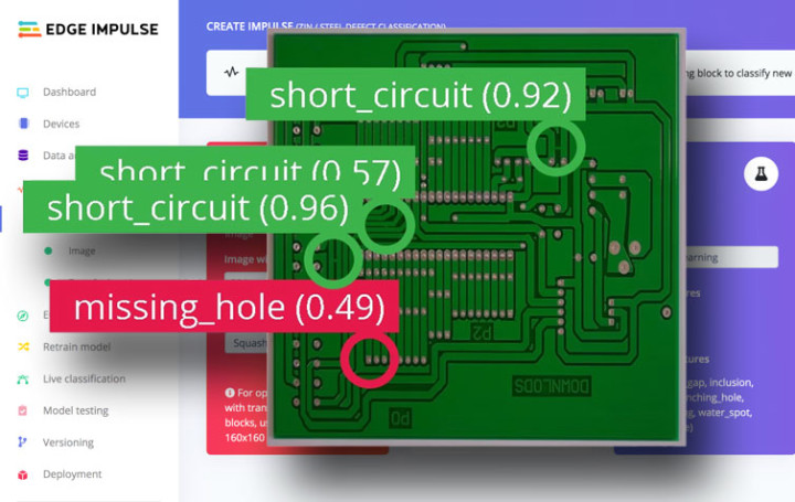 A PCB with defects being detected by Edge Impulse