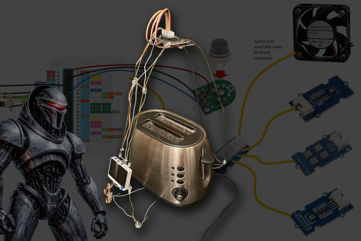 AI Toaster project superimposed over its block diagram with a cylon looking on.