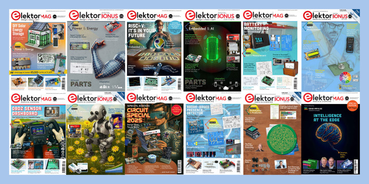 Elektor 2025 Review: 12 covers of Elektor Mag for 2025.