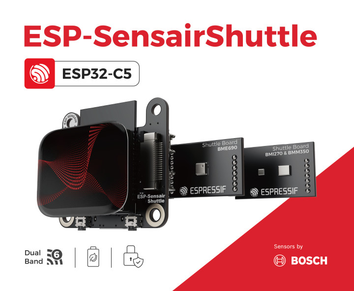 ESP-SensairShuttle development platform based on ESP32-C5 with plug-in shuttle sensor boards (BME690 and BMI270+BMM350).