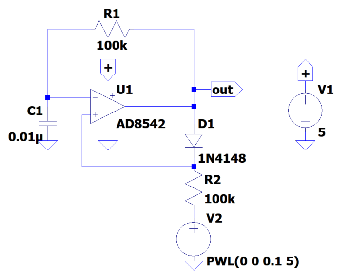 Single-opamp voltage-controlled oscillator (VCO).