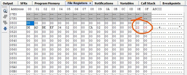 Memory location in RAM that has changed in MPLAB X