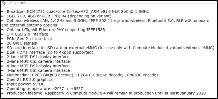 Specifications box - Raspberry Pi Compute Module 4