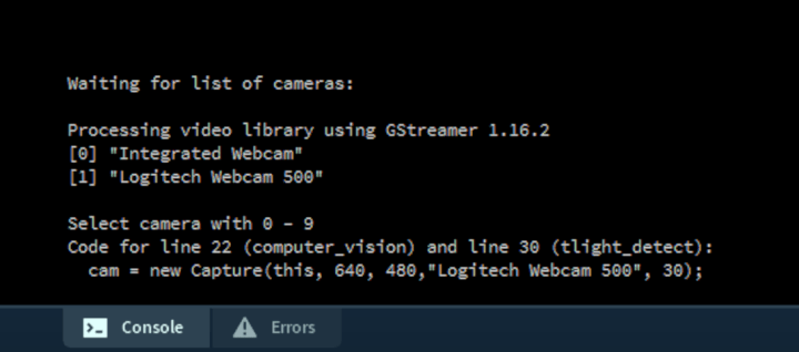 Console output of findcamera.pde 