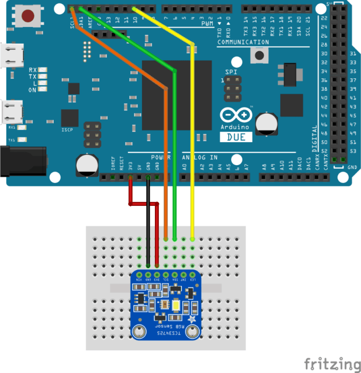 Wiring diagram for TCS34725 RGB sensor with Arduino DUE - Embedded Neurons article