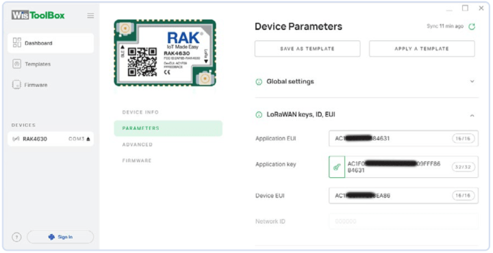 WisToolBox Dashboard – LoRaWAN keys, ID, EUI