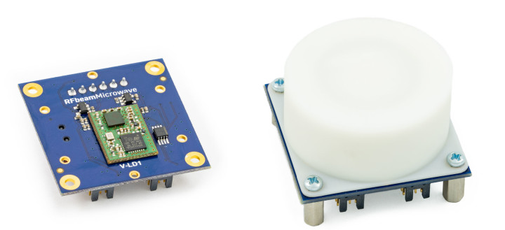 V-LD1 module mounted on evaluation PCB and the view of evaluation kit with mounted plastic lens.