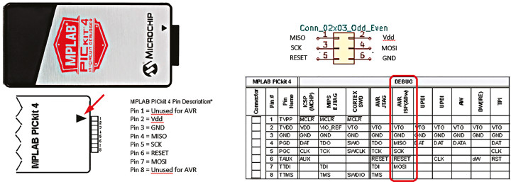 Wiring of the Microchip MPLAB PICkit4 programmer.