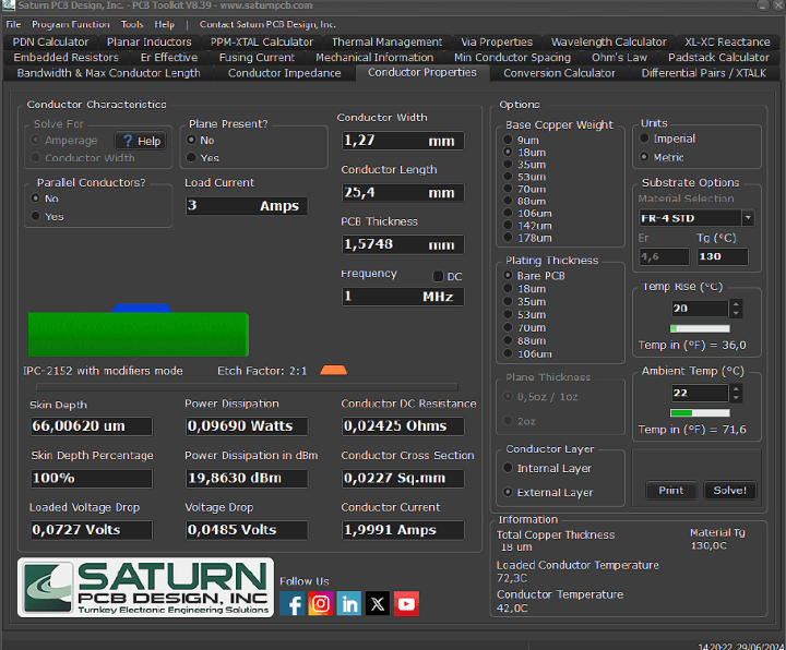 The Conductor Properties menu of Saturn PCB Tool