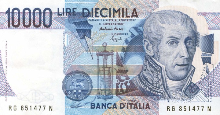 10,000 lire banknote with Volta's face on it