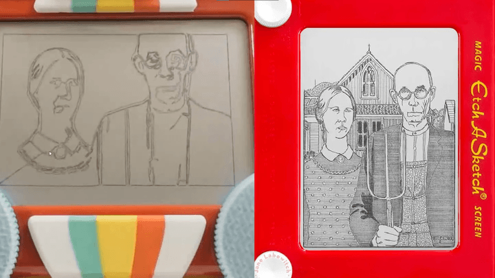 Comparison between EtchBot and Princess Etch’s drawings of American Gothic