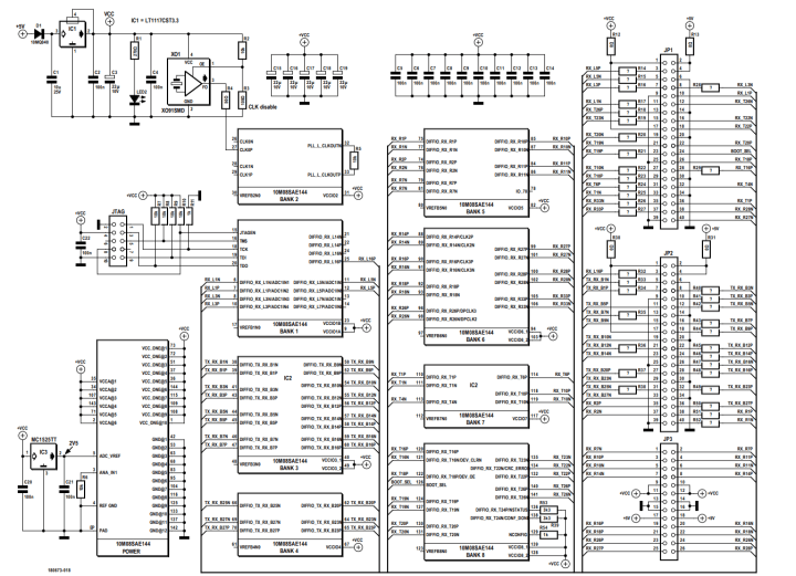 Bild 1. Im Schaltplan ist der MAX-10M08SAE144 zur übersichtlichen Darstellung in zahlreiche Sektionen unterteilt (den Schaltplan können Sie unten als PDF herunterladen).
