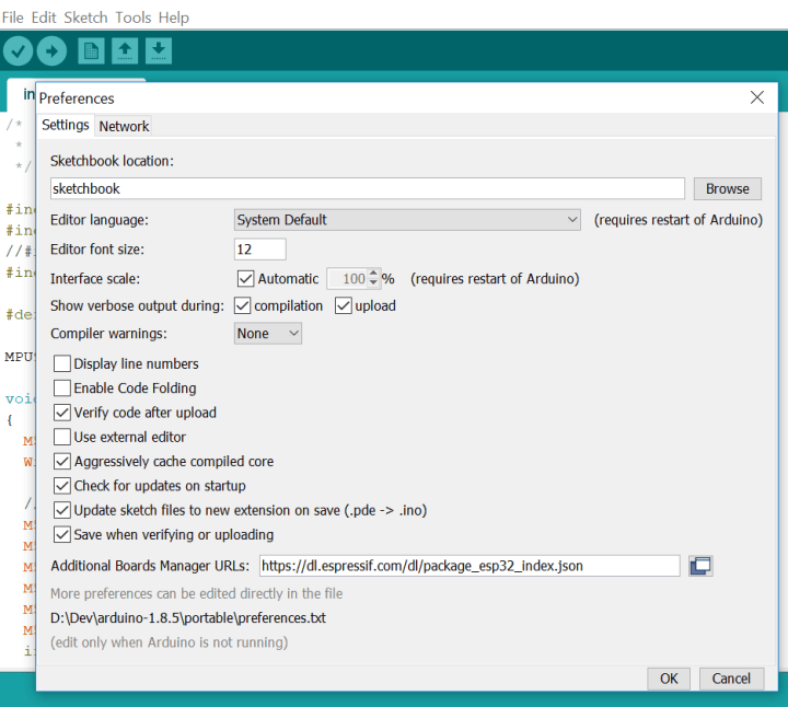 Arduino IDE preferences