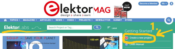 Connectez-vous à Elektor Labs et "créez un nouveau projet"