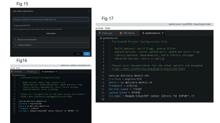 Figure 15: Library add-on. Figure 16: Platformio.ini file with the added library. Figure 17: New version of platformio.ini file.