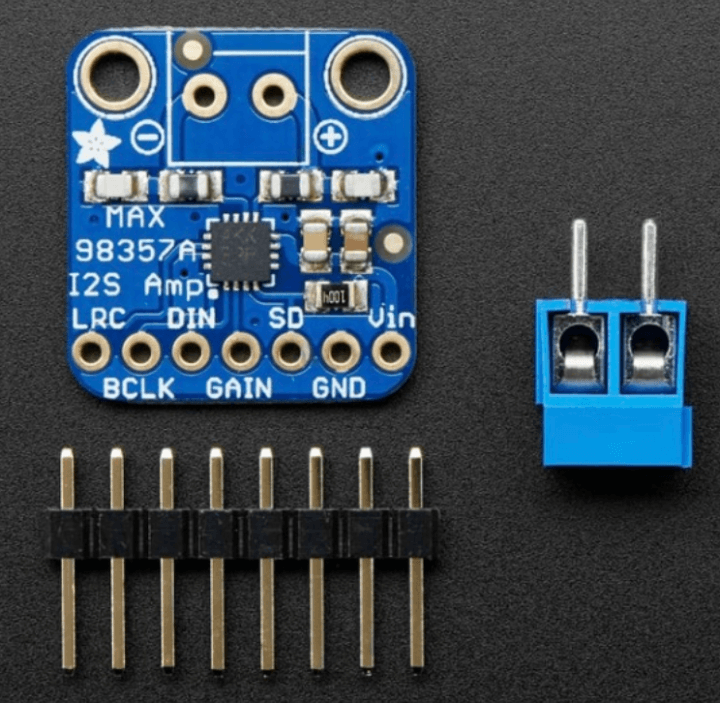 The audio amp module converts I2S digital audio to 3◦W of audio.