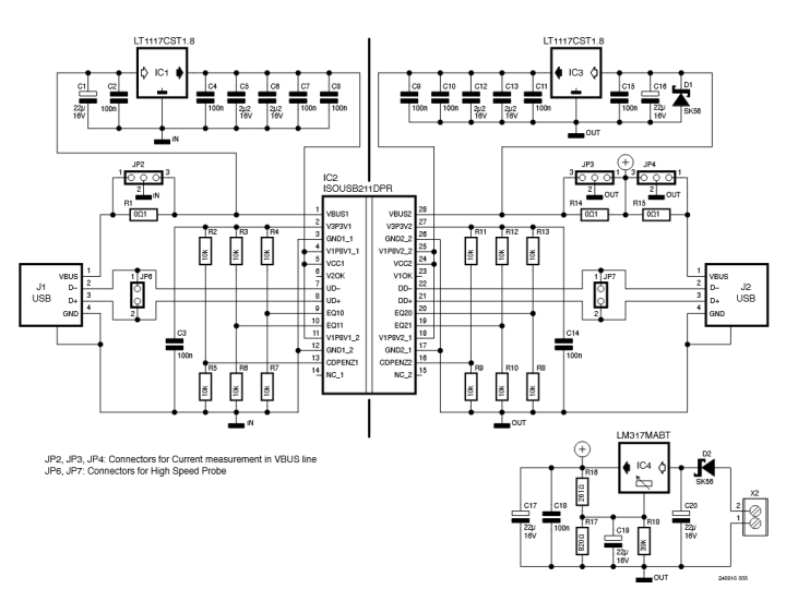 The circuit of the DIY USB 2.0 isolator