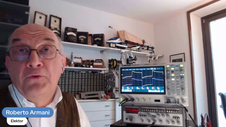 Roberto Armani demonstrating square-wave testing on an audio amplifier, with live oscilloscope traces shown from his personal electronics lab.