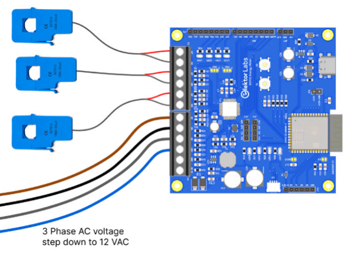 Overall wiring of a three-phase voltage system and coil transformers with the ESP32 Energy meter. 