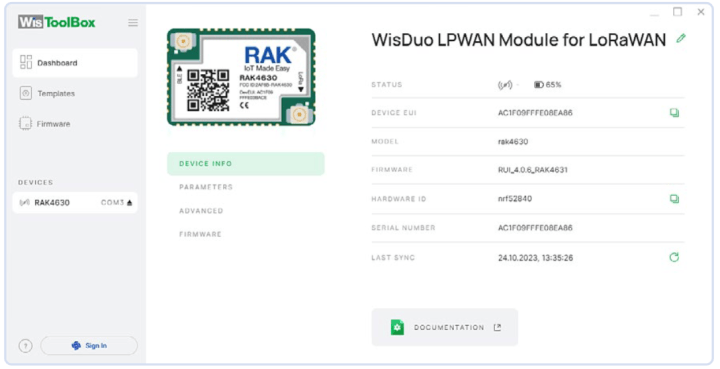 WisToolBox Dashboard – Device Info.