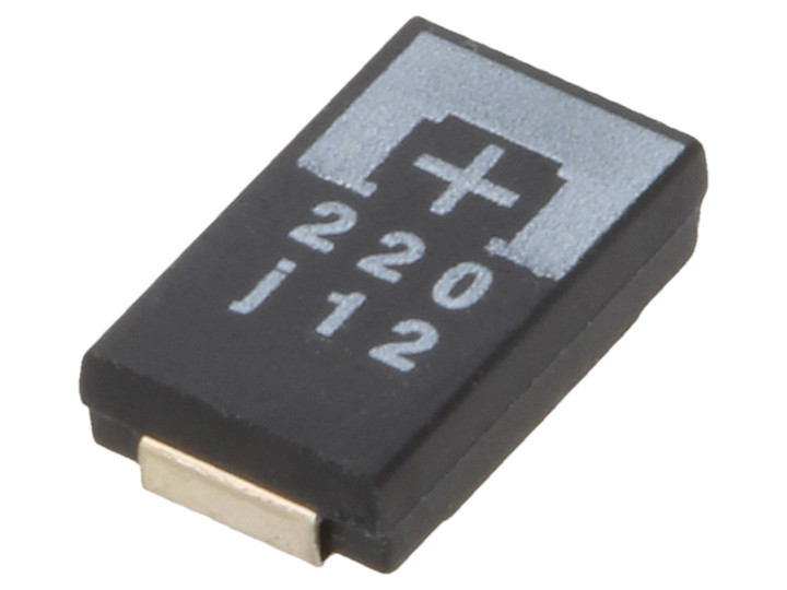 Low-profile SMD capacitor with a capacity of 220µF and a height of just 1.8mm.