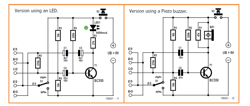 Circuit: Simple Transistor Tester with LED or Piezo Buzzer indicator